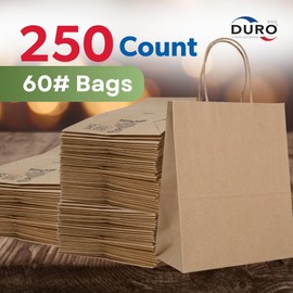 DURO 60# 8x4.5x10.25 Brown Paper Bags for Small Business, Small Kraft Bags with Handles, Holidays, Party Favors, Retail Shopping & Crafts - Pack of 250