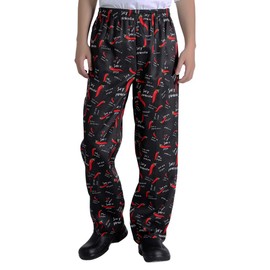 Nideen Men’s and Women's Baggy Printed Chef Pants Kitchen Uniforms with Elastic Waist Pants Chili XXL