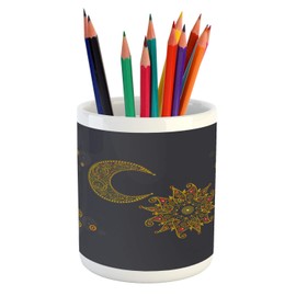 Lunarable Oriental Pencil Pen Holder, Sun and Moon Motifs Eastern Elements Curly Paisley Inspired Design, Ceramic Pencil Holder for Desk Office Accessory, 3.6" X 3.2", Earth Yellow Eggplant