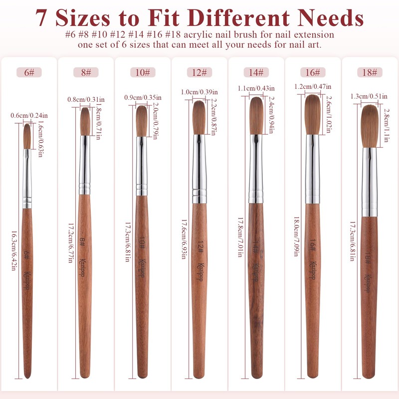 KAZIPOP Kolinsky Acrylic Nail Brush with Red Wooden Handle Professional