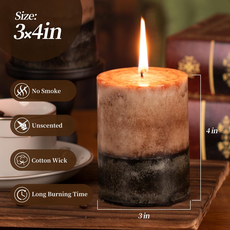 KONNI Coffee Layered Pillar Candles Set of 3, 3"x 4"