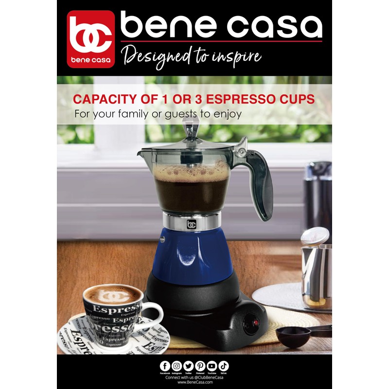 Bene Casa Blue Portable Electric Espresso Maker/Cafetera, 1-3 Cups/Shots (1,