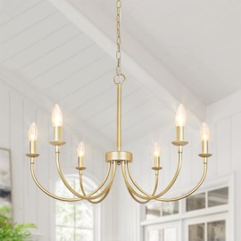 Rviezza Rviezza Modern Gold Chandelier, 6-Light Metal Farmhouse Dining Room Light Fixture, Candle Chandelier Light Fixtures Rustic Industrial Modern Chandeliers for Bedroom, Foyer, Living Room