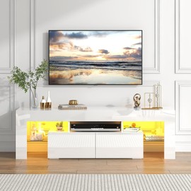 guiogc LED TV Stand with Two Storage and Glass Shelf for Up to 70-Inch TV, Modern TV Console Table with Entertainment Center for Bedroom, Living Room(White, 63 Inch)