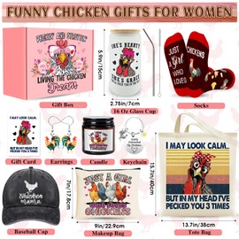 Chicken Gifts, Chicken Lover Gifts for Women, Funny Chicken Stuff with Glass Cup Tote Bag Makeup Bag Baseball Hat Candle Socks Keychain Earrings for Chicken Lady, Chicken Mom Birthday Chirstmas Gifts