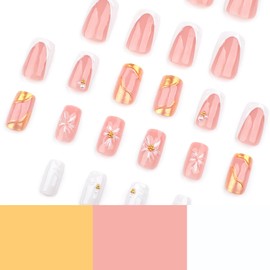 Spring French Press On Nails Medium Square Fake Nails 3D Pink Flower Nail Press Ons With Gold Pearl Design Gold Nail Tip False Nails Summer Stick On Nails Full Cover Glue On Nails For Women