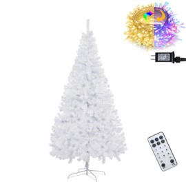Juegoal 6 FT Artificial Christmas Tree (NOT Pre-Strung) with Remote Control, 300 LED Warm White & Multicolor Changing Lights, Fake Xmas Pine Tree with Metal Legs, 850 Branch Tips, White