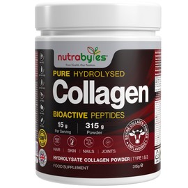 Nutrabytes Collagen Powder 315g | Grass Fed Bovine Hydrolysed Peptides | 19 Amino Acids | Collagen Supplements for Women and Men | High Strength Protein Powder | Hair Skin Nails | Made in UK