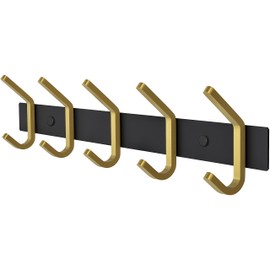 SAYONEYES Coat Rack Wall Mount – Black and Gold Hook Rail with 5 Double Coat Hooks, 15 Inch Stainless Steel Wall Hooks for Entryway, Bathroom, Bedroom, Closet, Towel, Hat, Bag, Heavy Duty Organizer