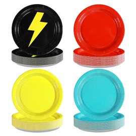 Grencian 60Pcs Red Black Yellow Party Plates 9" Disposable Cartoon Game Birthday Party Supplies with Lightning Cartoon Animated Paper Platters for Kids Birthday Baby Shower Party Decorations