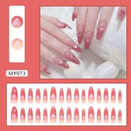 Tyuimhx Red Gradient Press on Nails Long Almond Fake Nails Heart Cat Eye False Nails Full Cover Stick on Nails Red Ombre Acrylic Artificial Nails for Women Glue on Nails 30Pcs