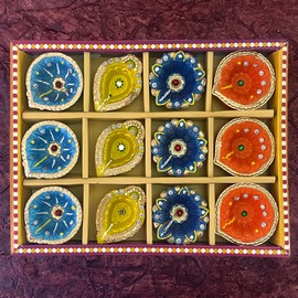 KSJONE Handmade and Handpainted Earthen Clay Diyas for Diwali Pooja Festival Decoration Lights for Diwali Decoration Home Indoor Outdoor Decor with Cotton Wicks (Set of 12)
