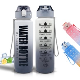 AQUA HOMIE Water Bottle with Straw, Water Bottle 1L, Gym Water Bottle with Time Marker and Carry Strap, BPA- Free Leakproof Water Bottle, Lightweight Drinks Bottle for Adults, Sports Water Bottle