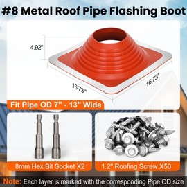 #8 Metal Roof Pipe Flashing Boot, Metal Roofing Pipe Flashing Boot Fits Pipe OD 7" to 13" Wide, Includes Flexible Silicone High Temp Roof Vent Boot, Hex Socket x2, Roofing Screw x50, Square Base, Red