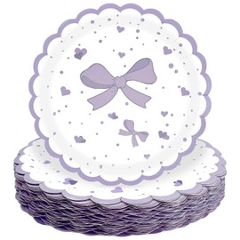 HEIPINIUYE 50 Pieces Light Purple Bow Paper Plates 7 Inch Lavender Scalloped Plates Disposable Dinner Plate for Wedding Baby Shower Birthday Party Dessert Plate