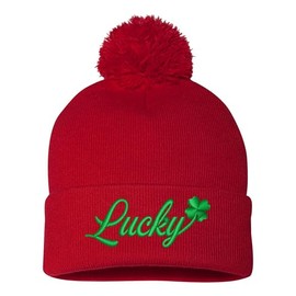 One Size Red Pom Lucky with Shamrock St. Patricks Day 4 Leaf Clover Embroidered Knit Beanie Pom Cap