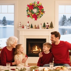 GarveeHome 24 Inch Christmas Wreath with Lights, Pre-Lit Xmas Wreath with Red & Gold Berries Ball Ornaments Artificial Flower Leaves, Christmas Wreath for Front Door, Windows, Wall, Mantel Decoration