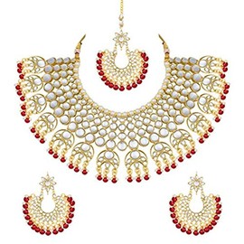 I Jewels Girls Stylish Indian Bollywood Wedding Party Wear Faux Kundan Pear Beaded Ethnic Necklace With Earrings & Maang Tikka Jewelry Set (K7077M) Maroon
