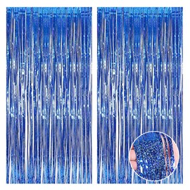 4 Pcs Blue Tinsel Foil Fringe Curtains Backdrop, Blue Streamer Backdrop Curtain for Party Wedding Holiday Decorations Fringe Backdrop Photo Booth Props, Parties Blue Streamers
