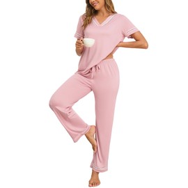 Famulily Ladies Summer Pyjamas Set Lace Trim V Neck Sleepwear Short Sleeve Lounge Wear for women UK Pink M