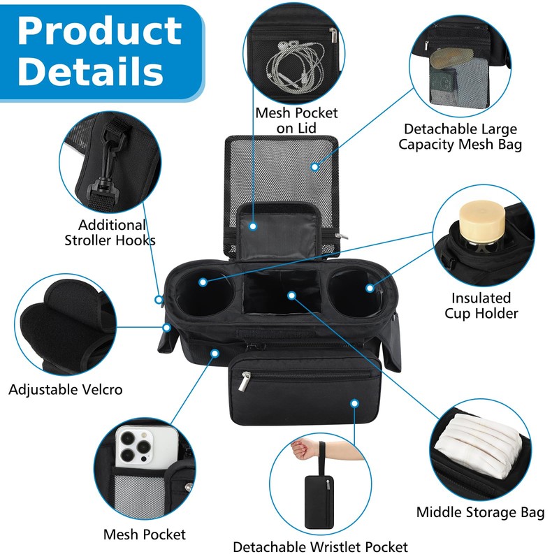 Accmor Universal Stroller Organizer with Insulated Cup Holder Detachable Phone