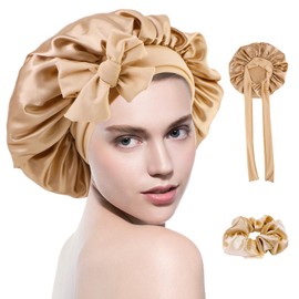 1 x Band Sleep Cap with 1 Piece Wide Brimmed Hair Band, Satin Stretch Sleeping Cap, Artificial Silk Headband Hat, Adjustable Hairdressing Hat (Champagne Gold)