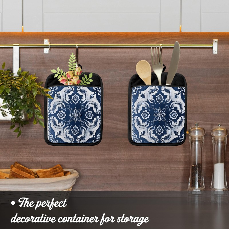 Blue and White Chinoiserie Floral Pot Holders with Pockets, Blue