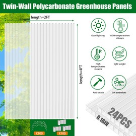 GGNEBAI Polycarbonate Greenhouse Panels 24 Pack 4' x 2' x 0.16" Twin-Wall UV-Protected All Weather Plastic Roof Panel Clear Replacement Sheets for Garden Fences, Furniture DIY,Outdoor Roofing