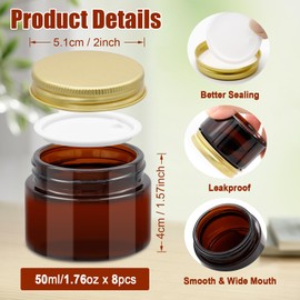 Acetiti 16Pcs Amber Glass Jars, 50ml Glass Jars with Lids Empty Brown Cosmetic Containers with Aluminium Screw Cap Liner Travel Pots UV Protection for Cream Lotion Ointments (Amber, 50ml-16 Pack)