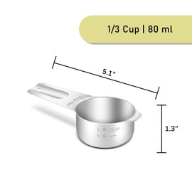 BERYLER 2PCS 1/3Cup (80ml, 2.7oz) Single Measuring Cup, Stainless Steel Measure Scoop, Metric and US Measurement, Heavy Duty, Dishwasher Safe
