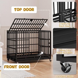 GUNJI 47/42/37 Inch Dog Crate, Large Dog Kennel Heavy Duty Steel Dog Cage with Double Doors Wheels Removable Tray, Escape Proof Large Dog Crate for Big Dogs (47.2'' L x 30''W x 34.6''H)