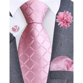 Gusleson Mens Pink Tie for Wedding Solid Silk Plaid Checkered Necktie Pocket Square Cufflinks and Lapel Pin Brooch Set (UK6104-17)