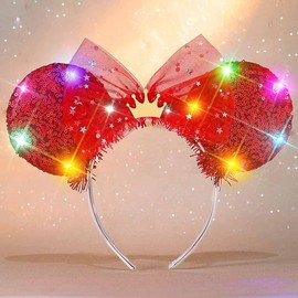 Unicra - Diadema iluminada con orejas de mouse, diadema con lazo, accesorios para el cabello para mujeres y niñas (orejas de lentejuelas rojas, tiara)