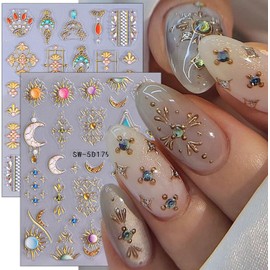 2Sheets 5D Moon Star Flower Nail Art Stickers Bohemian Style Bronzing Gold Heart Star Sun Gem Line Pattern Self-Adhesive Nail Decal Love Slider DIY Manicure Decoration Nail Supplies for Women