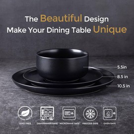 LERATIO Stoneware Dinnerware Sets for 4,Handcarft Ceramic Plates and Bowls Sets,Chip and Scratch Resistant Dishes, Dishwasher & Microwave Safe, Oven safe,Reactive Glaz-Black
