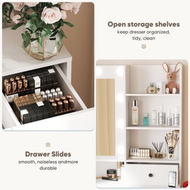DUMOS Vanity with Mirror and Lights, Makeup Vanity Desk with 2 Drawer, 4 Shelves, Cabnet, Power Outlet, 3 Lighting Modes & Adjustable Brightness, Dressing Table for Women Girls Bedroom, White