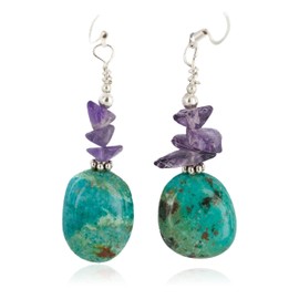 $80Tag Silver Hooks Certified Navajo Turquoise Amethyst Dangle Earrings 18294-21 Made By Loma Siiva