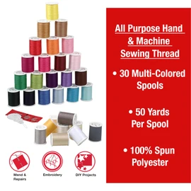 SINGER Polyester Sewing Thread Set - 30 Assorted Colors, 50 Yards per Mini Thread Spool, Sewing Kit Includes 5 Large Eye Hand Needles, 1 Needle Threader, Suitable for Hand and Machine Sewing