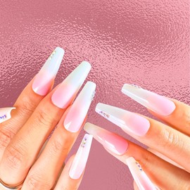 StreetKitty Press On Nails, Radiant Ombre Collection, Radiant Ombre Colors Long Nail Shapes, 24pc Fake Nails Kit, Press on Nails, Nail Arts (Pink Diamond Ombre, Long Coffin)