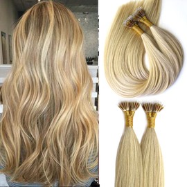 KOCONI Nano Ring Hair Extensions Real Human Hair Blonde Nano Tip Hair Extensions Remy Human Hair Extensions 20Inch 50g #16/24 Ash Blonde Mix Bleach Blonde