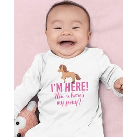 Purple Print House Baby I'm Here Now Where's My Pony Romper - Horse Riding New Baby Gifts - Rude Jockey Horse, White, 3-6 Months