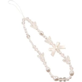 Jizlan White Mobile Phone Lanyard Phone Chain Bow, Pearl Beaded Phone Lanyard Wrist Strap Anti Lost Phone Charm Strap Fashion Keychain Wallet Decoration Pendant for Women Accessories