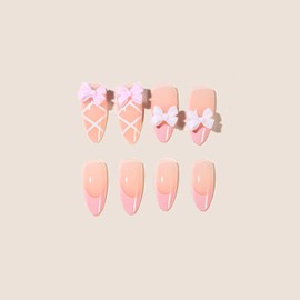 SINHOT Stiletto Press on Nails Long - 3D Pink Bowknot & White Pearls Almond Nail Art, French Tip DIY Fake Nails with Glossy Glue on Nails, 24Pcs