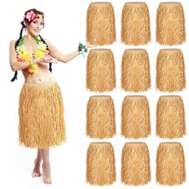 Berlune 12 Pcs Bulk Raffia Hula Skirts for Adults Hawaiian Grass Skirts Luau Tropical Theme Party Costume Accessory (Medium)