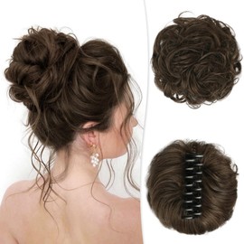 RUWISS Claw Clip Messy Bun Hair Piece Real Human Hair Buns Wavy Curly Chignon Hair Bun Extensions Tousled Updo Hair Buns Claw Clip Ponytail Hairpieces(Smokey Ash Brown)