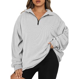 Chulianyouhuo Women Plus Size Oversized Sweatshirt Ribbed Corduroy Half Zip Pullover Tops Casual Long Sleeve Hoodies Clothes Grey