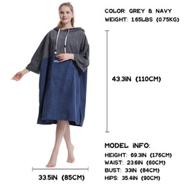 Hiturbo Changing Robe, Absorbent Quick Dry Surf Poncho, 3/4 Sleeve Microfiber Hooded Towel for Beach Swimming Surfing Bathing (Gray/Navy)