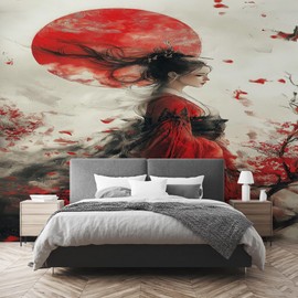 MazoAzuria Japanese Geisha Mural, Kyoto Geisha Wallpaper for Bedroom, Sunset Landscape Wall Mural for Living Room Dining Room Home Decor