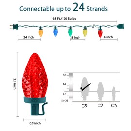 C9 LED Christmas Lights Outdoor, 68Ft 100 LED String Lights with Quick Clips, Commercial Grade Extendable Waterproof Outdoor Christmas Lights for House Outside Roofline Xmas Decorations, Multicolor
