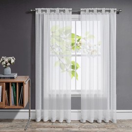 Joydeco Short Curtains with Eyelets Transparent Set of 2 Look Curtain Voile Eyelet Curtain Eyelet Curtain Transparent Curtain Short for Bedroom Living Room Tab-Top Curtain (White, 2 x H 175 x W 140)